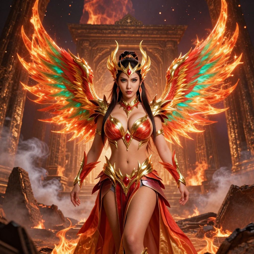Fiery Phoenix Warrior Woman in Fantasy Armor with Flaming Wings