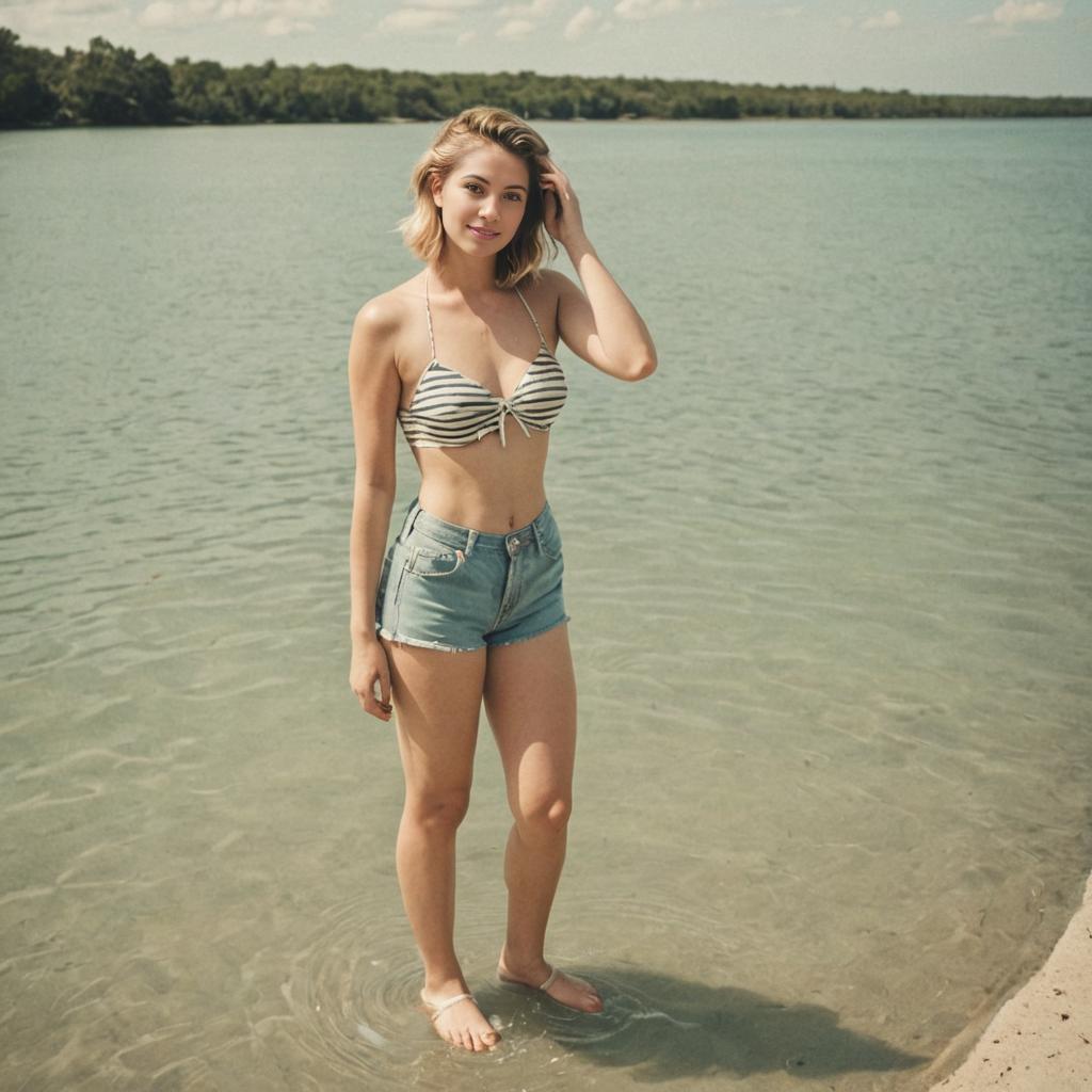 Woman in Striped Bikini and Denim Shorts in Shallow Water