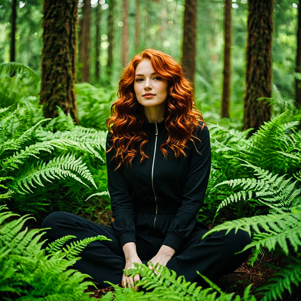 Woman with Red Hair in Forest
