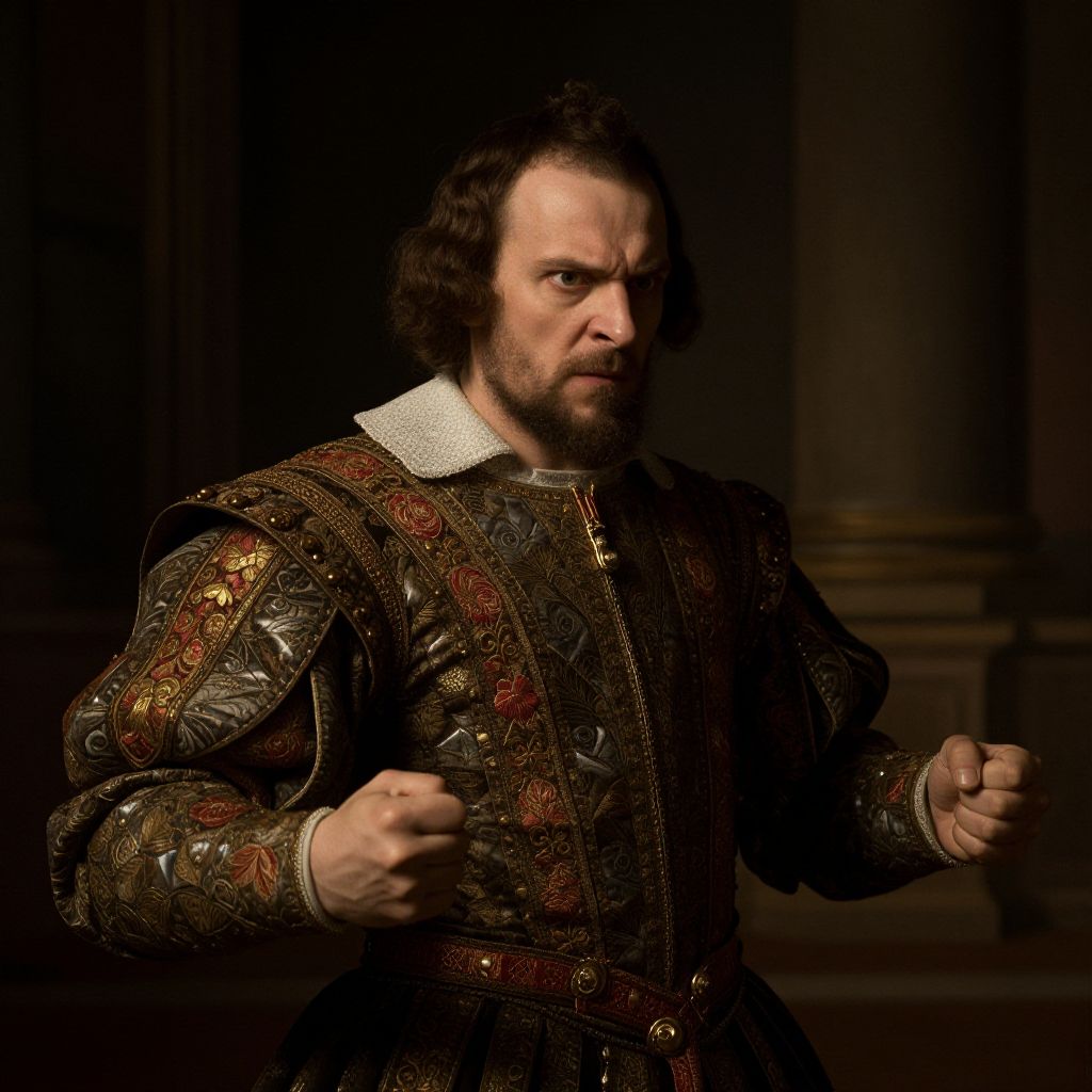 Renaissance Man in Ornate Embroidered Costume with Fierce Expression