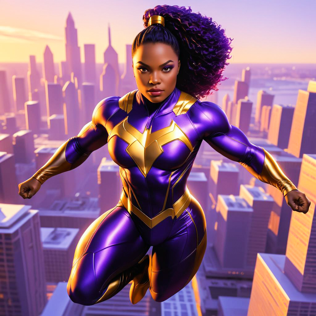 Powerful Female Superhero at Sunset