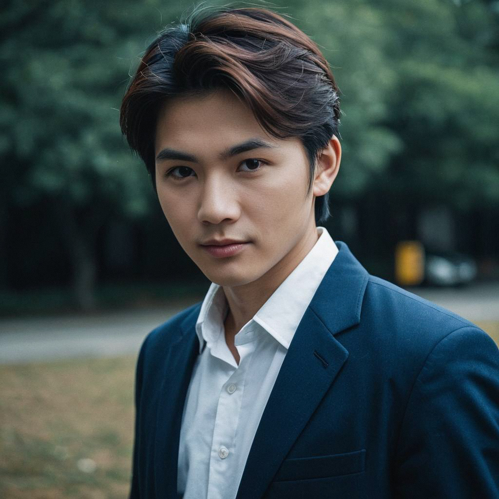 Confident Young Man in Blue Suit Outdoors