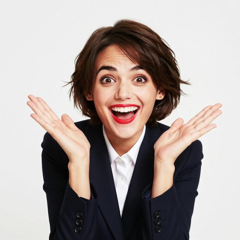 Happy Young Woman Expressing Excitement in Business Attire
