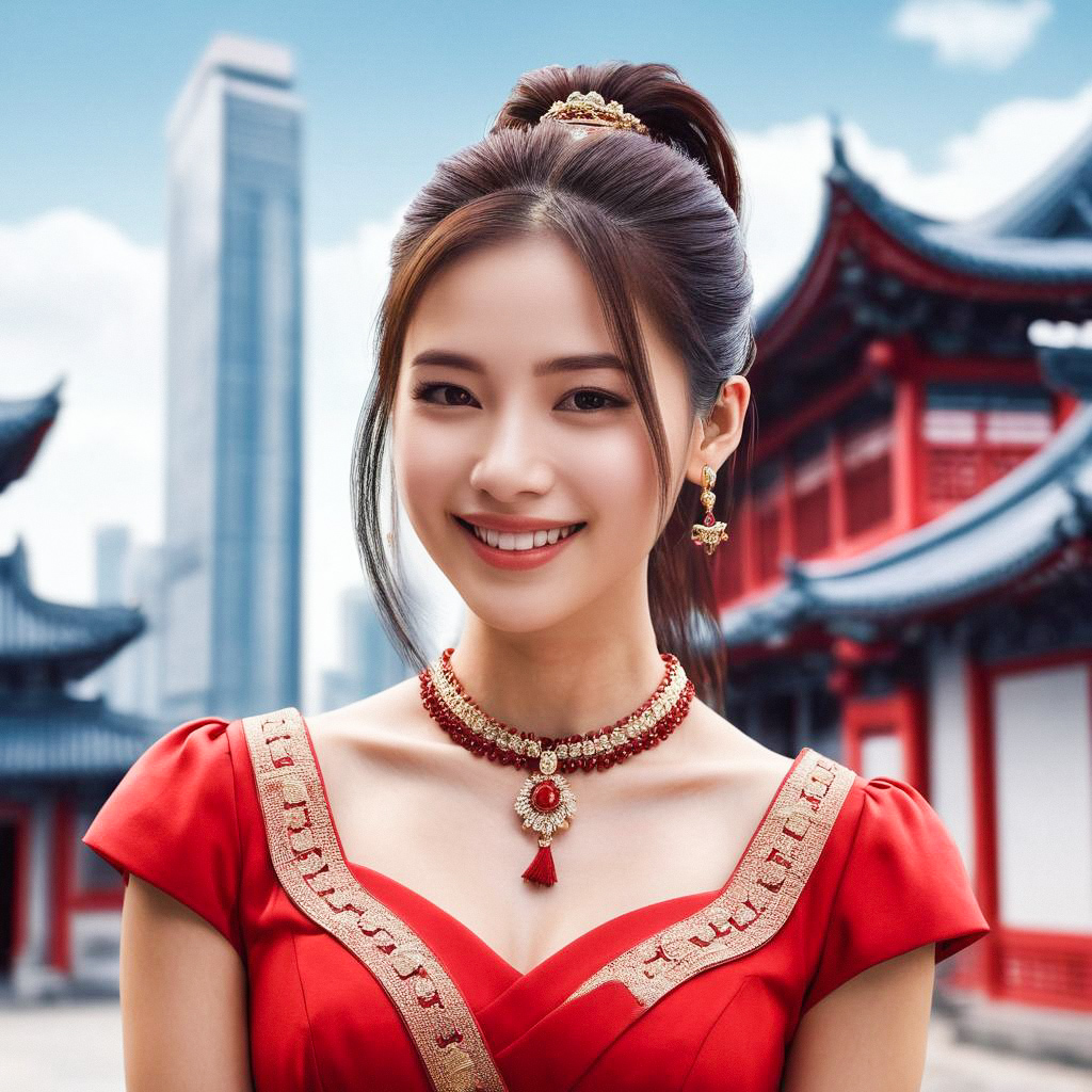 Young Woman in Traditional Red Outfit Against Modern Cityscape