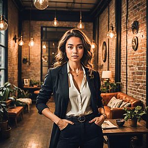 Confident Woman in Stylish Industrial Interior