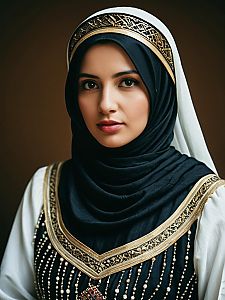 Woman in Traditional Arabian Dress with Gold Embroidery and Black Hijab Editorial Portrait