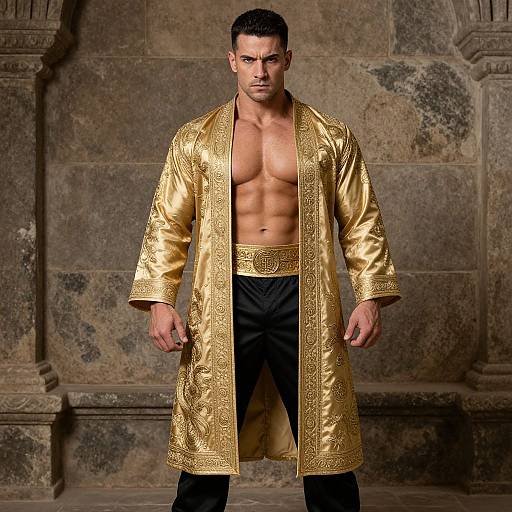 Muscular Man in Embroidered Golden Robe and Black Pants in Historic Stone Setting