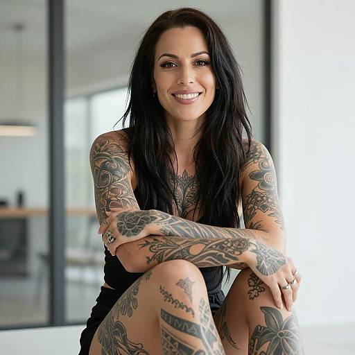 Confident Woman with Detailed Tattoos Sitting Indoors
