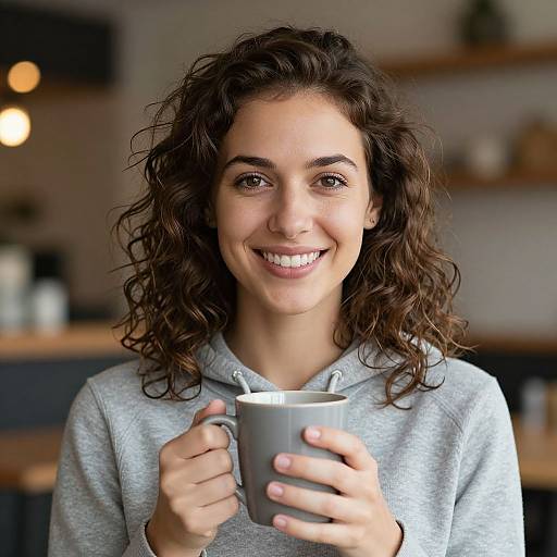 Smiling Woman Holding Coffee Mug in Cozy Café