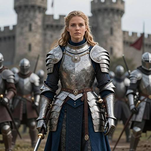 Medieval Woman Knight in Armor with Soldiers and Castle Background