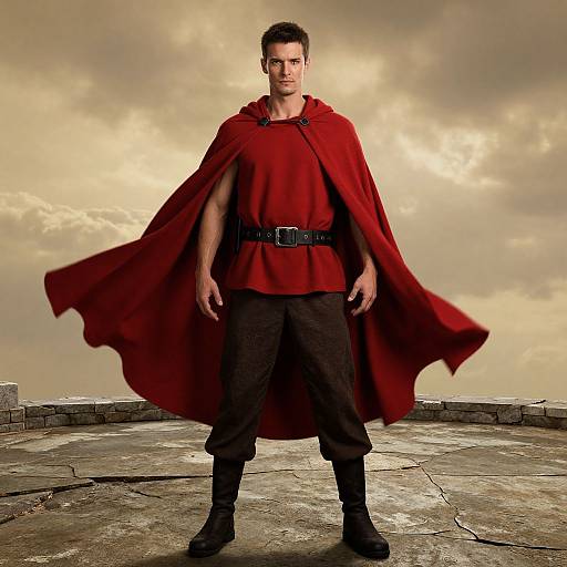 Man in Red Medieval Cloak and Tunic Standing on Stone Platform