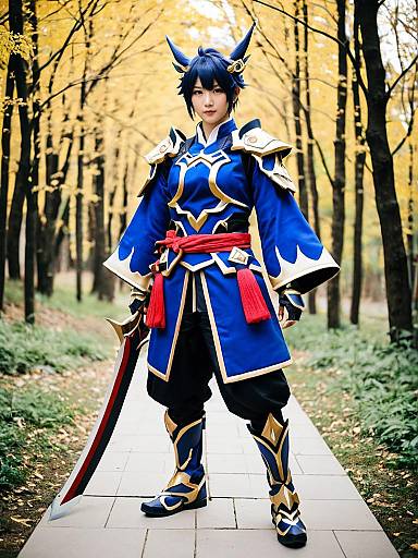 Genshin Impact Cosplay Woman in Blue and Gold Armor with Sword in Autumn Forest