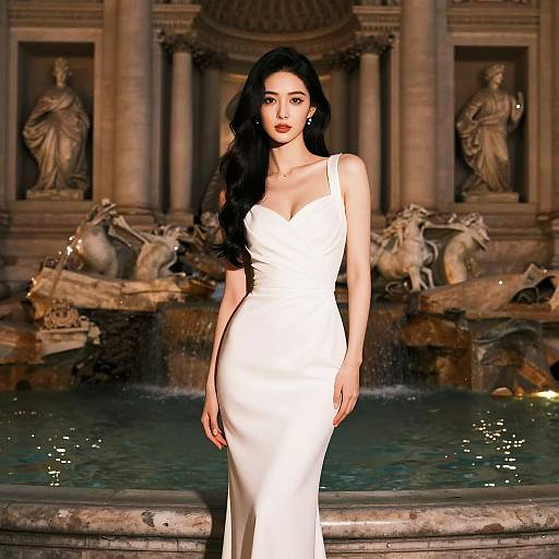 Elegant Woman in White Evening Dress by Classical Fountain