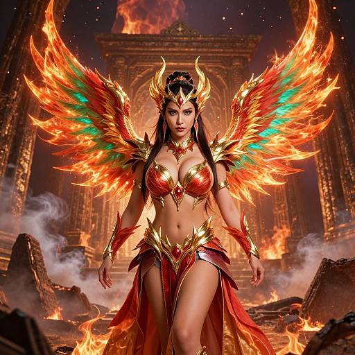 Fiery Phoenix Warrior Woman in Fantasy Armor with Flaming Wings