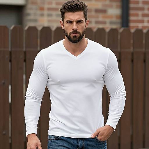 Confident Young Man in White Long Sleeve V-Neck Shirt Outdoors
