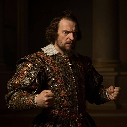 Renaissance Man in Ornate Embroidered Costume with Fierce Expression