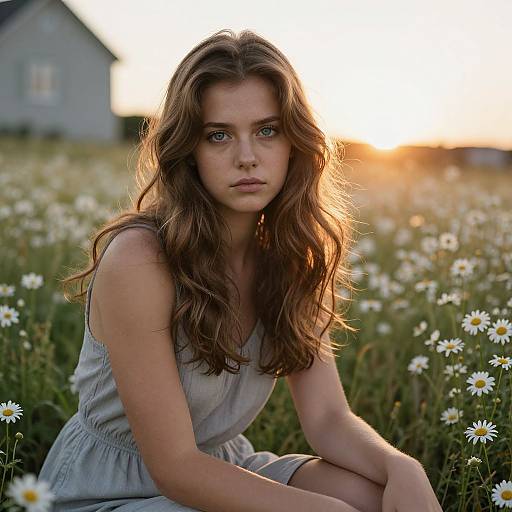 Young Woman in Daisy Field at Sunset Outdoor Portrait