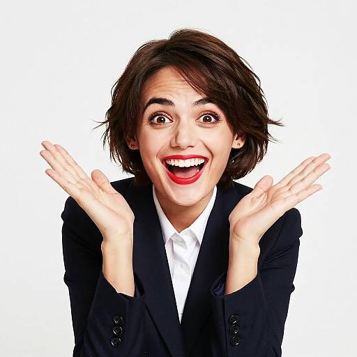 Happy Young Woman Expressing Excitement in Business Attire