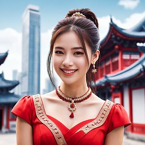 Young Woman in Traditional Red Outfit Against Modern Cityscape
