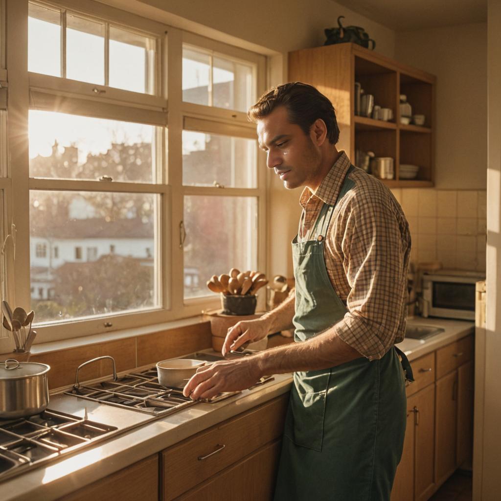 Man in Apron Cooking in Sunlit Kitchen