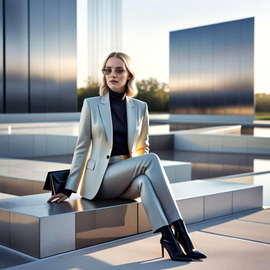 Stylish woman in silver suit with black ankle boots