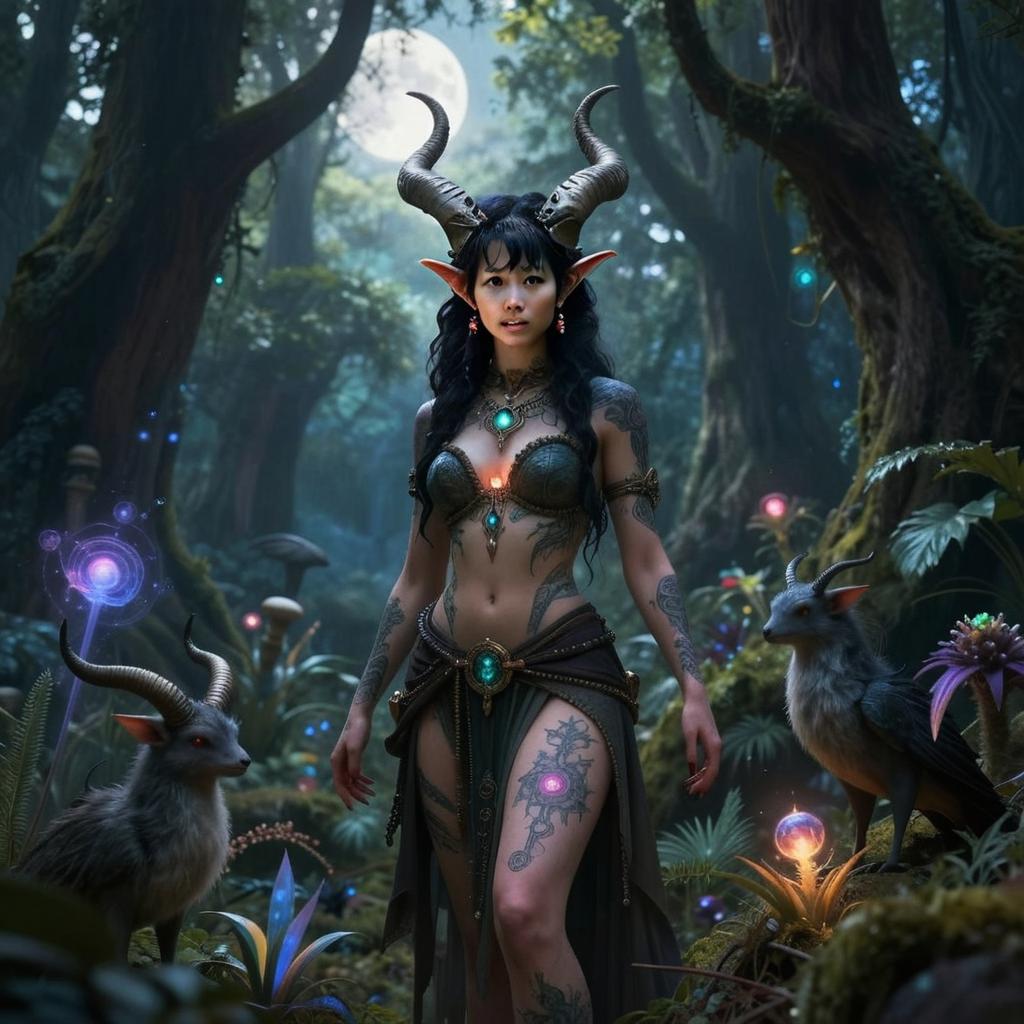 Fantasy Horned Woman Sorceress in Enchanted Forest with Magical Creatures