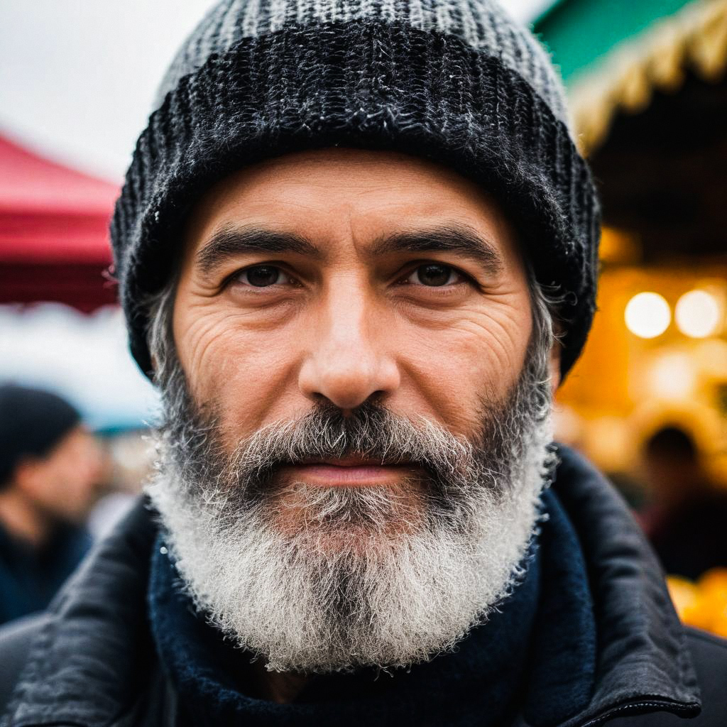 Mature Man with White Beard in Beanie