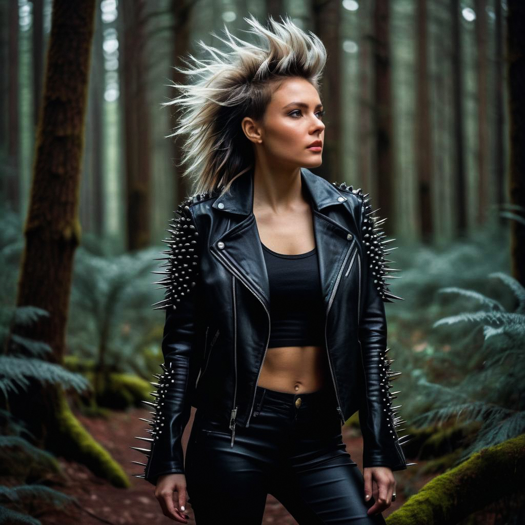 Confident Woman in Edgy Punk Style in Forest Confident Woman in Edgy Punk Style in Forest