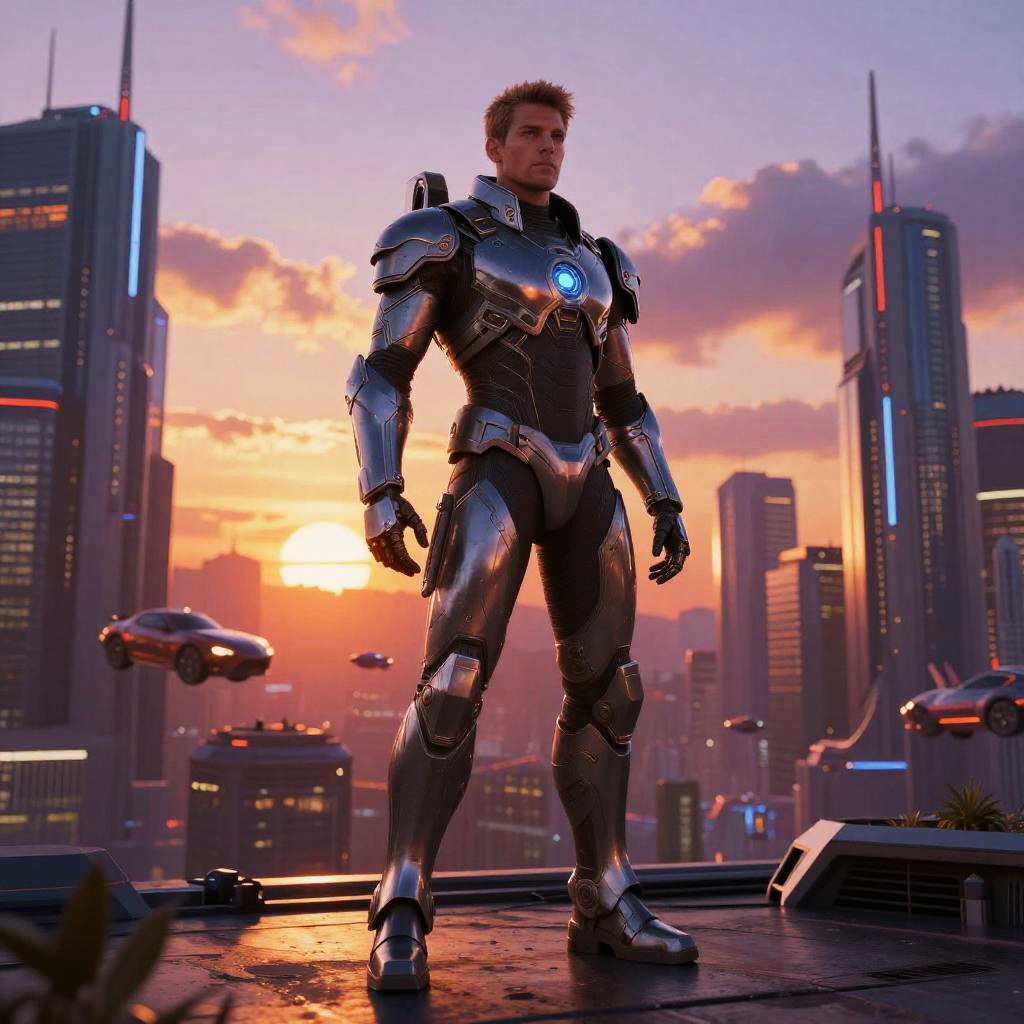 Futuristic Man in High-Tech Armor in Cyberpunk Cityscape at Sunset