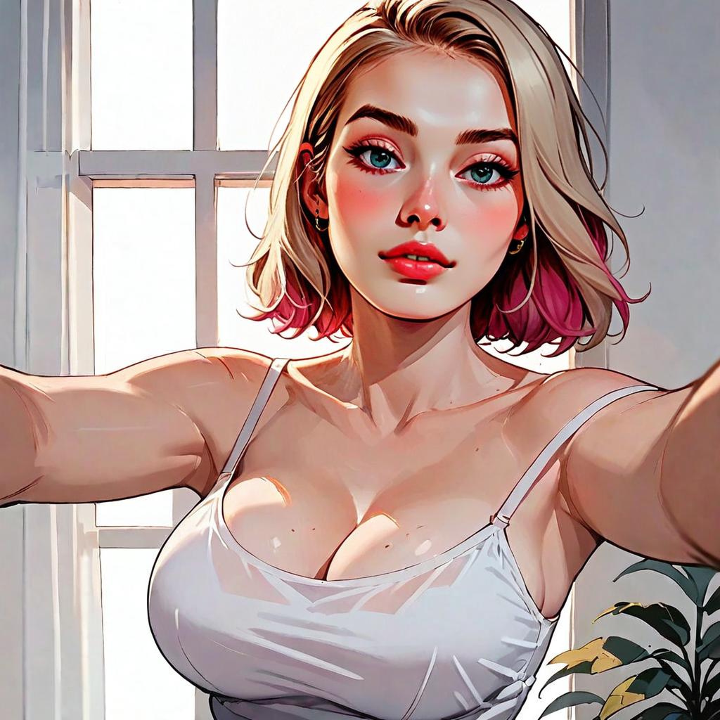Stylized Digital Portrait of a Woman with Blonde and Pink Hair in White Tank Top