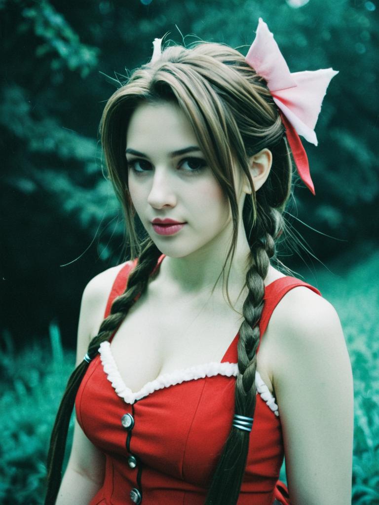 Woman in Aerith Cosplay Costume Inspired by Final Fantasy VII