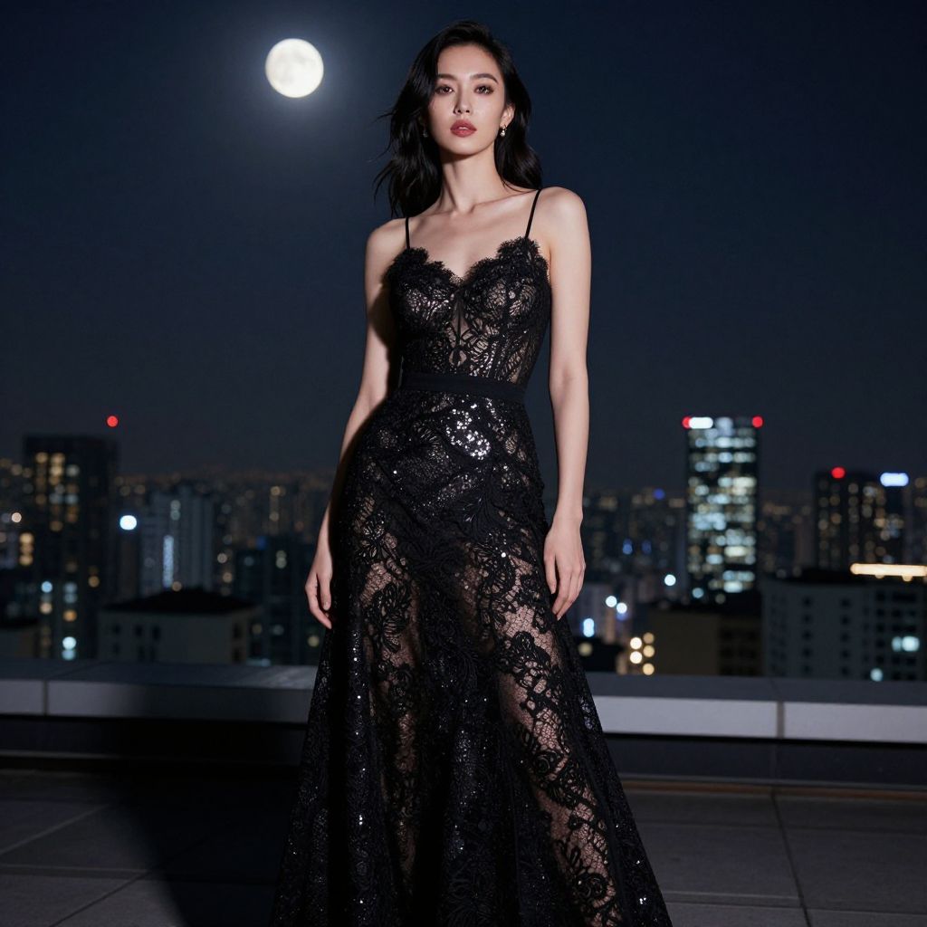 Elegant Woman in Black Lace Evening Gown on Rooftop at Night with City Skyline