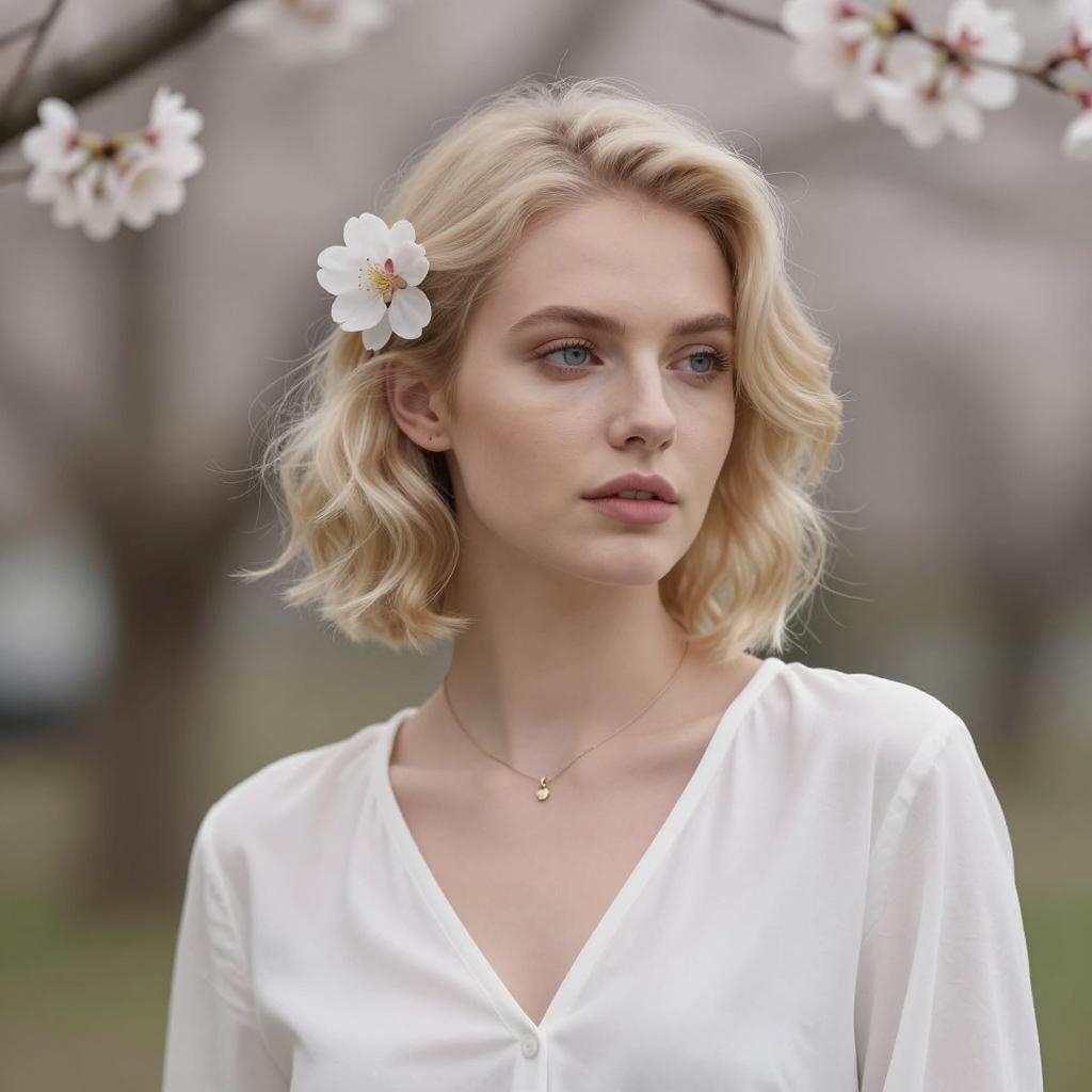 Blonde Woman with Flower in Hair Amidst Blossom Trees Outdoors