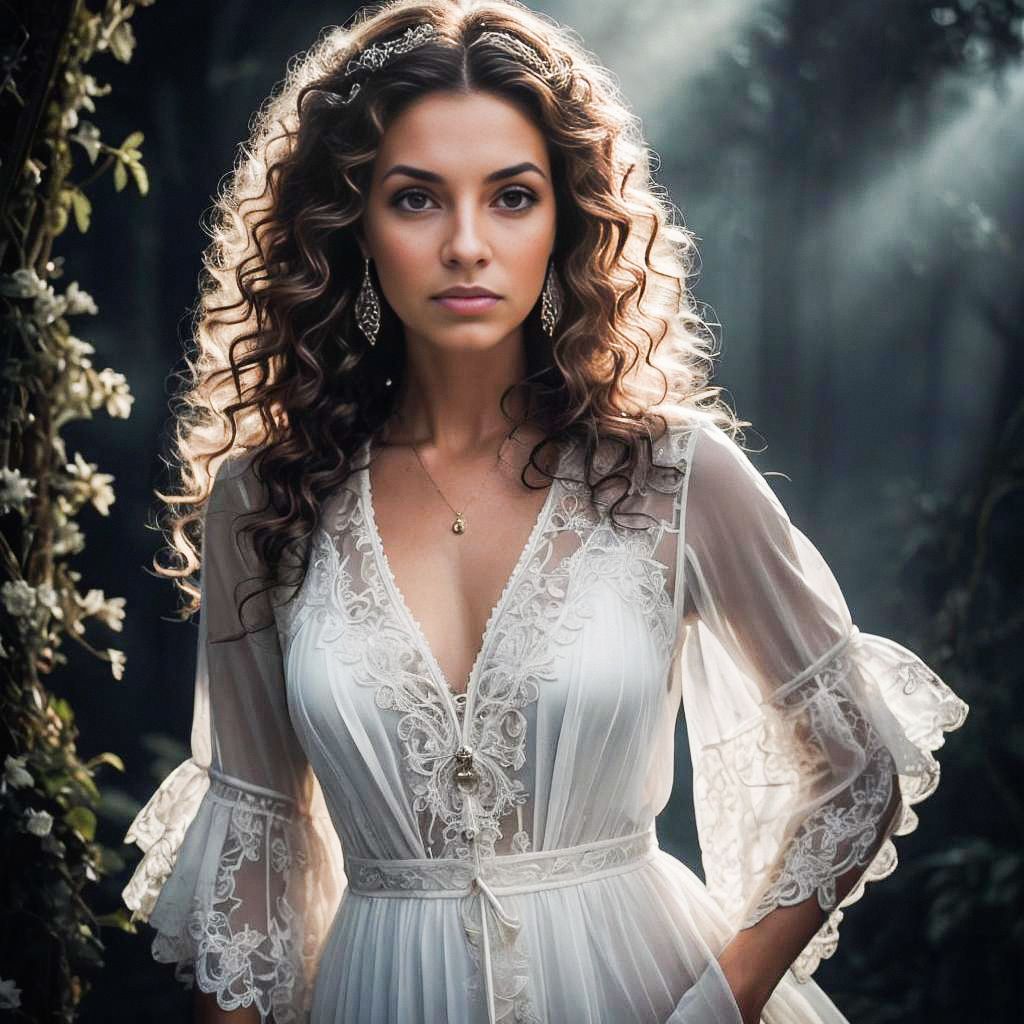 Woman in Elegant Lace Dress in Natural Setting Woman in Elegant Lace Dress in Natural Setting