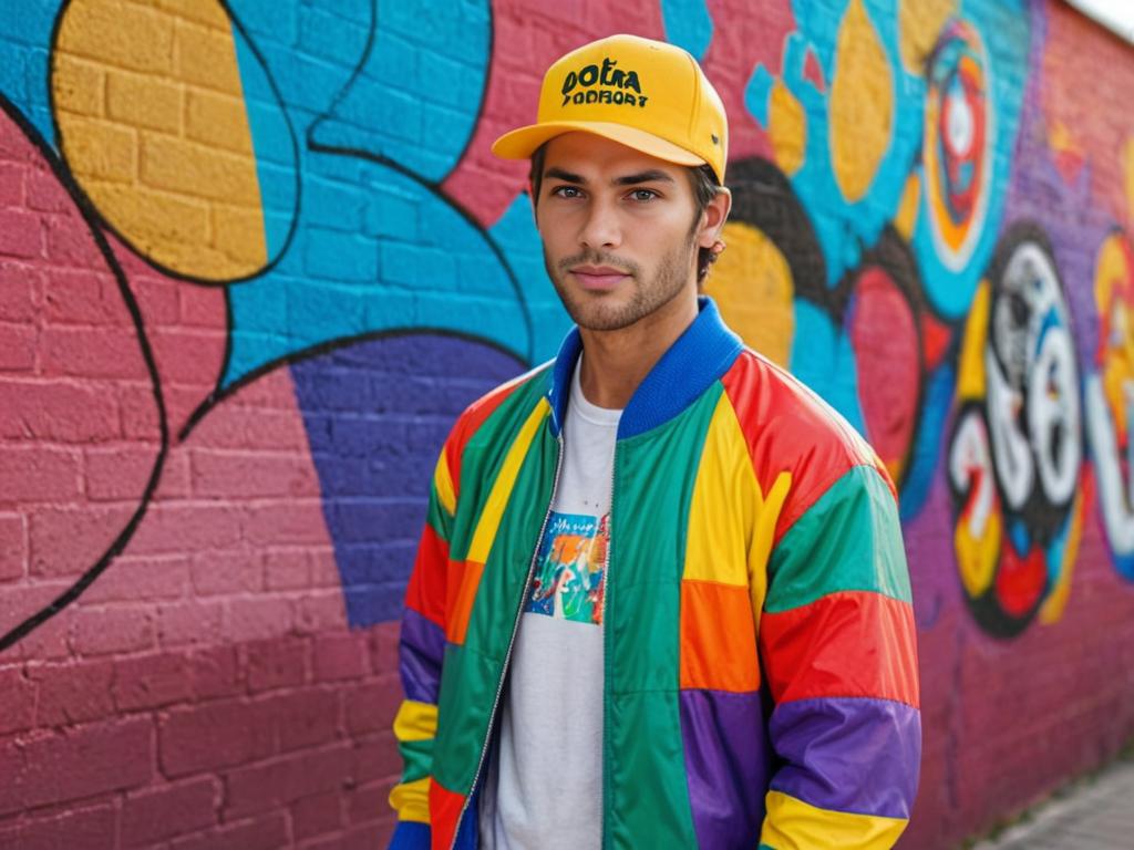 Confident young man in hip-hop fashion with graffiti backdrop