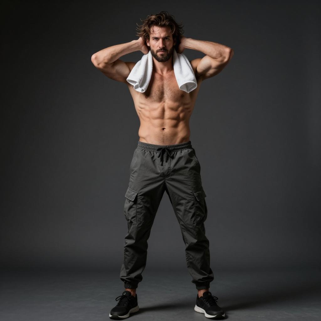 Shirtless Fit Man with Towel in Cargo Joggers Fitness Studio Portrait