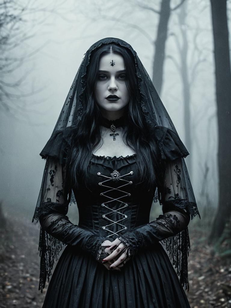 Woman in Llorona Costume Gothic Portrait in Misty Forest