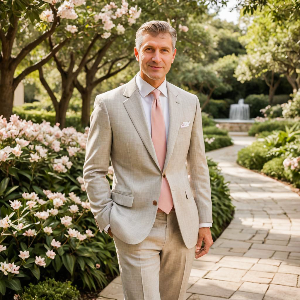 Confident Man in Gray Suit in Garden