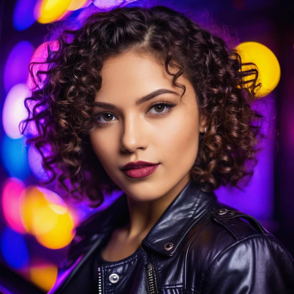 Curly Haired Woman in Black Leather Jacket with Colorful Bokeh Background