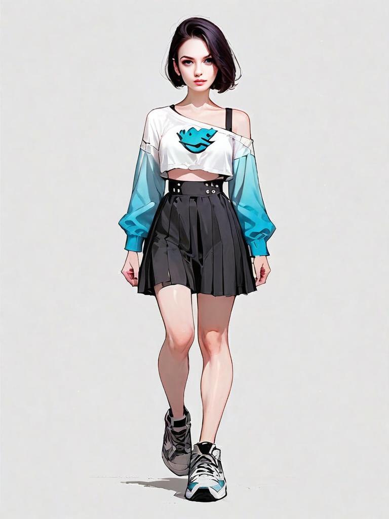 Stylish Woman Walking in Cropped Sweatshirt and Pleated Skirt Digital Art