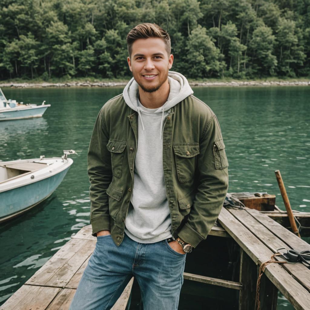 Stylish Man on Dock by Serene Lake