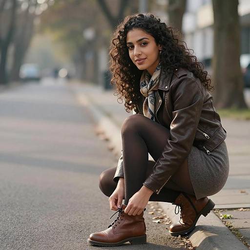Young Woman Tying Brown Ankle Boots on City Street in Autumn Fashion