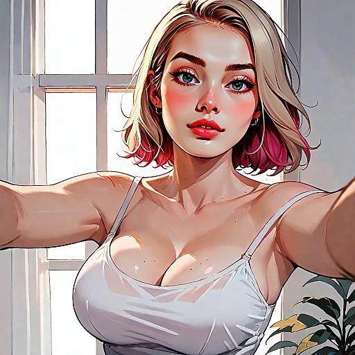 Stylized Digital Portrait of a Woman with Blonde and Pink Hair in White Tank Top