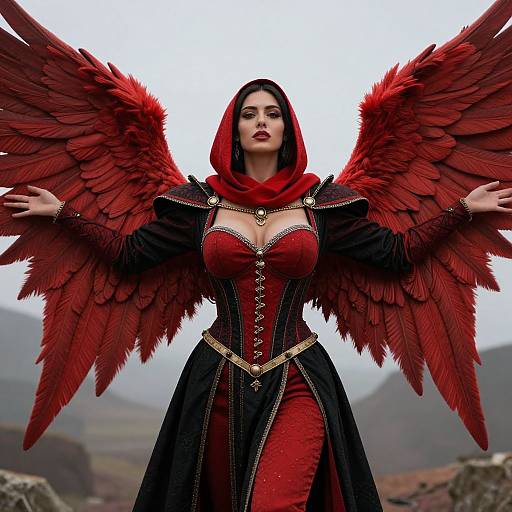 Mystical Woman in Red Medieval Costume with Large Red Wings