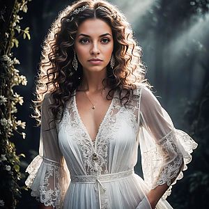 Woman in Elegant Lace Dress in Natural Setting