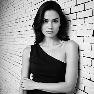 Confident Woman in Black Dress Against White Brick Wall