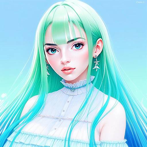 Anime Portrait of Woman with Turquoise Hair and Blue Eyes