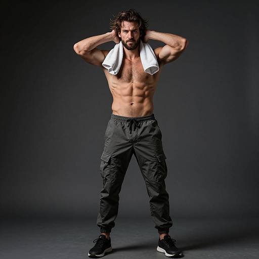 Shirtless Fit Man with Towel in Cargo Joggers Fitness Studio Portrait