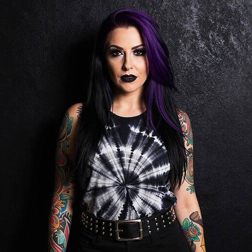 Confident Woman with Purple Hair and Tie-Dye Top in Alternative Style