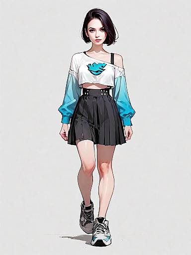 Stylish Woman Walking in Cropped Sweatshirt and Pleated Skirt Digital Art